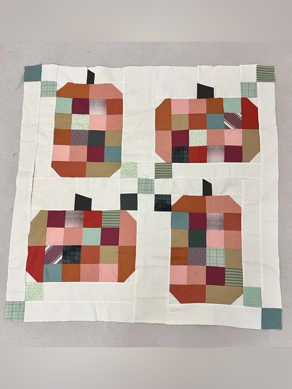 Handmade Spiced Pumpkin Baby Quilt Top 47x47" Pieced~BABY/BED/Wall Decor